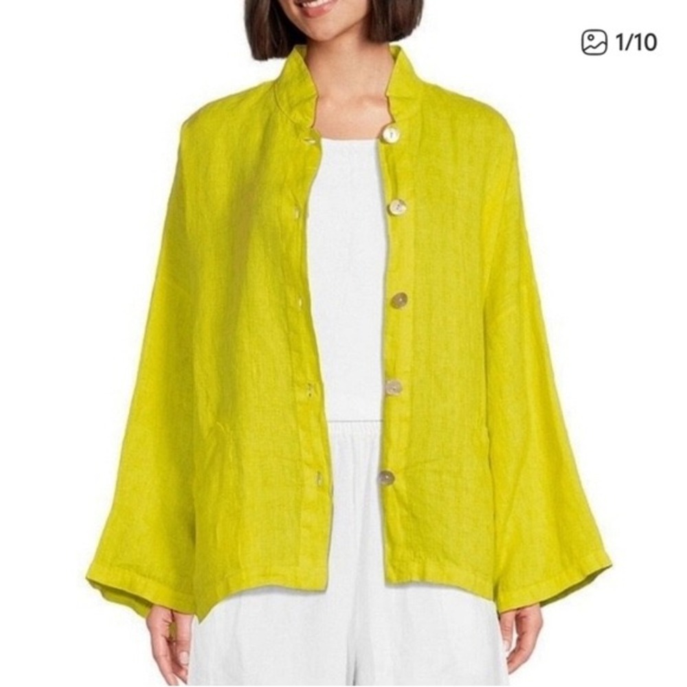 BRYN WALKER‎ Danuta 100% linen Jacket duster kimono Size L yellow lagenlook boho